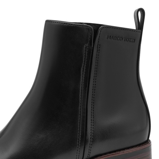 Skórzane Botki Damskie Marco Tozzi – Czarne Sztyblety na Obcasie Skórzane Botki Damskie Marco Tozzi – Czarne Sztyblety na Obcasie