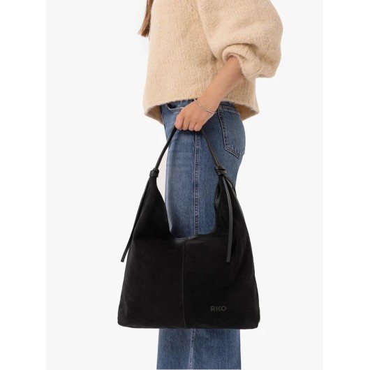 Czarna Skórzana Torba Damska Ryłko Typu Hobo Bag (A4)