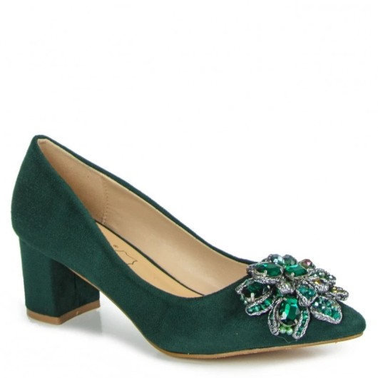 Czółenka damskie zielone Sabatina z ozdobą na cholewce