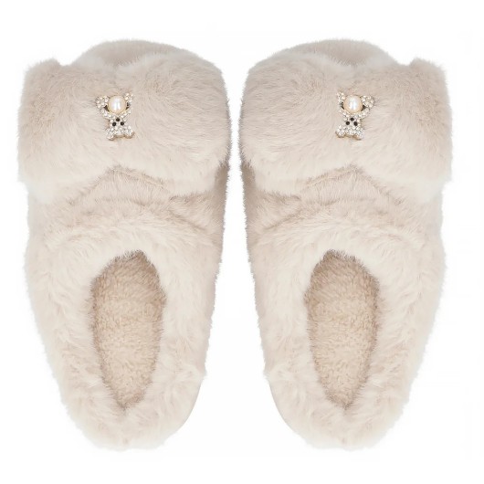 Kapcie damskie Filippo  beżowe z ozdobnym Misiem