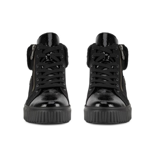 Czarne krótkie botki damskie ocieplane kożuszkiem Rieker