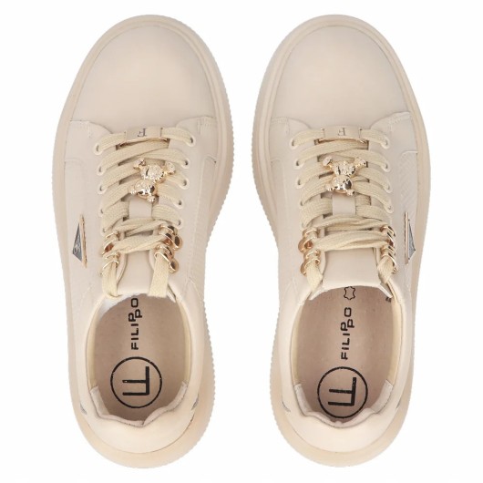 Skórzane trampki damskie beżowe na platformie z ozdobnym misiem Filippo