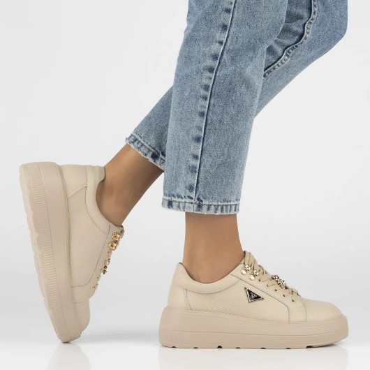 Skórzane trampki damskie beżowe na platformie z ozdobnym misiem Filippo