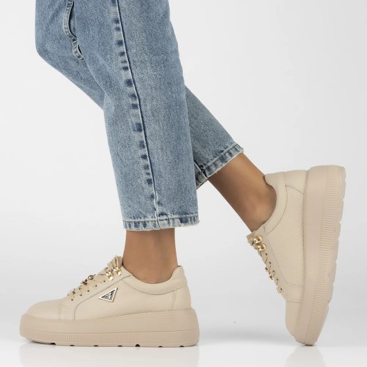 Skórzane trampki damskie beżowe na platformie z ozdobnym misiem Filippo