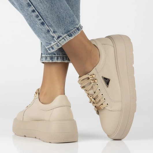 Skórzane trampki damskie beżowe na platformie z ozdobnym misiem Filippo