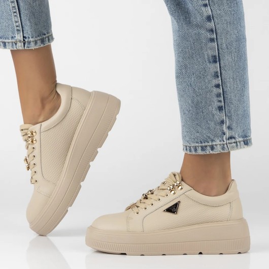 Skórzane trampki damskie beżowe na platformie z ozdobnym misiem Filippo