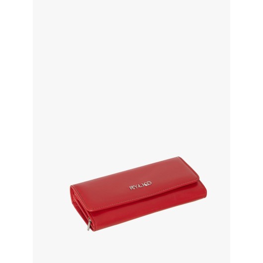 Czerwony skórzany portfel damski ze srebrnym logotypem Ryłko