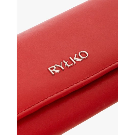 Czerwony skórzany portfel damski ze srebrnym logotypem Ryłko