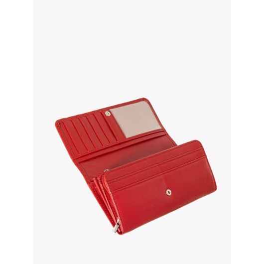 Czerwony skórzany portfel damski ze srebrnym logotypem Ryłko
