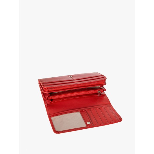 Czerwony skórzany portfel damski ze srebrnym logotypem Ryłko