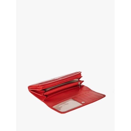 Czerwony skórzany portfel damski ze srebrnym logotypem Ryłko