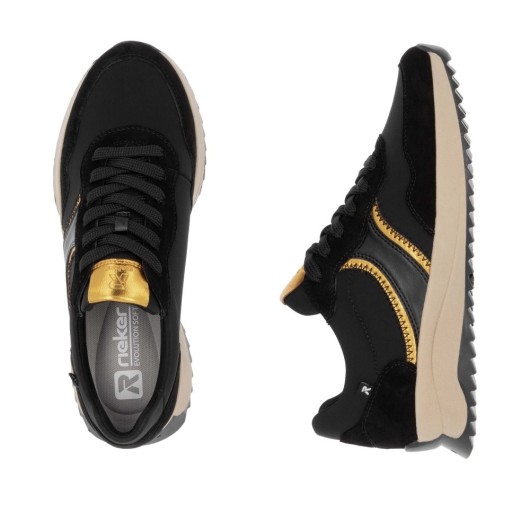 Sneakersy zamszowe damskie czarno-złote Rieker