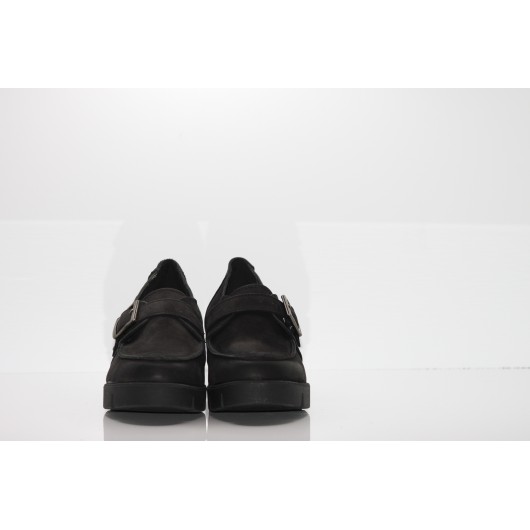 Pólbut damski nubuk na koturnie Jaromin czarny nubuk