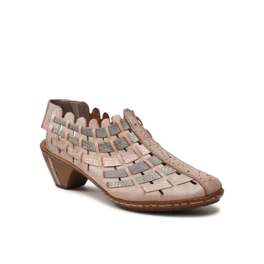 Sandały skórzane damskie beżowe na obcasie typu stożek Rieker