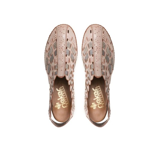 Sandały skórzane damskie beżowe na obcasie typu stożek Rieker