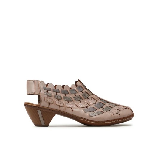 Sandały skórzane damskie beżowe na obcasie typu stożek Rieker