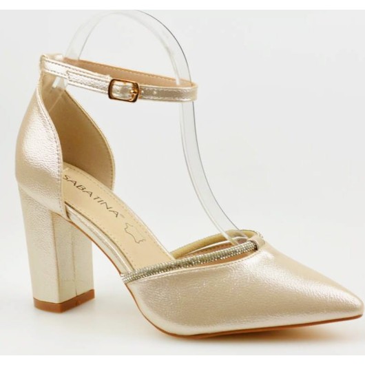 Czółenka damskie na słupku wizytowe złote Sabatina