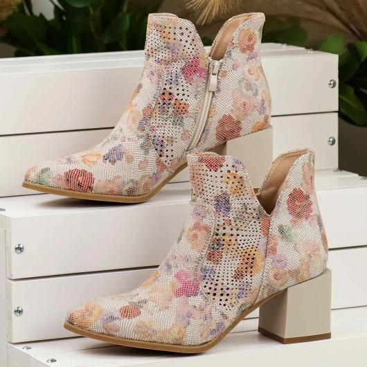 Botki ażurowe kwiatowe beżowe na obcasie M.Daszyński