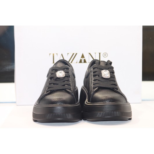 Buty damskie sportowe skórzane czarne z ozdobą Tanzzani