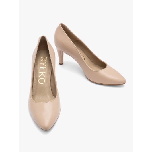 Beżowe skórzane czółenka Ryłko na szpilce