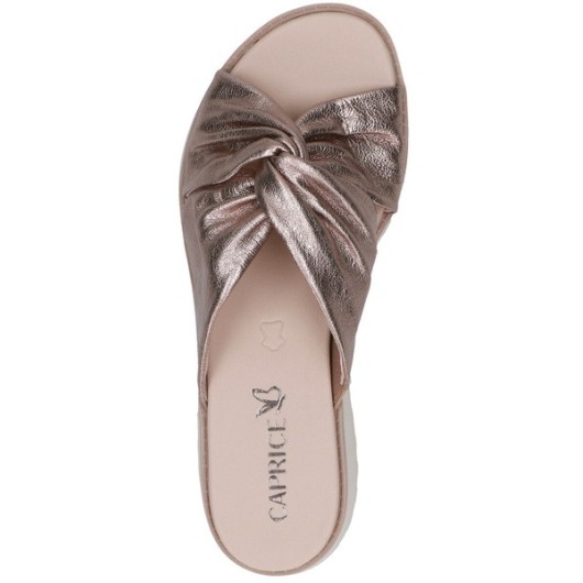 Klapki damskie na koturnie skórzane eleganckie Caprice taupe metallic