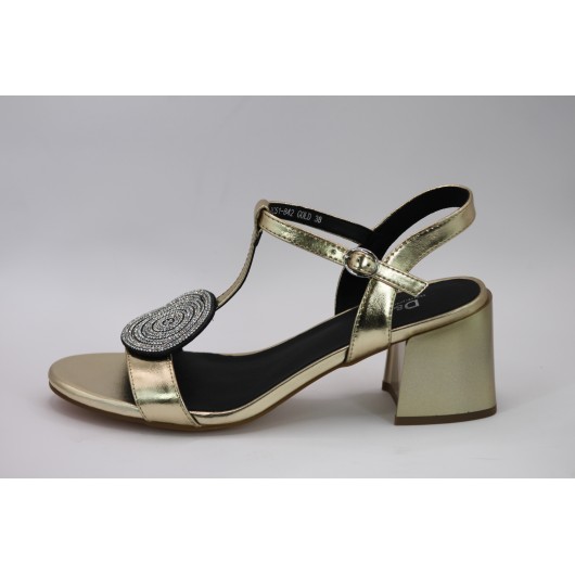 Sandałki damskie złote SBarski z piekną ozdobą skórzane