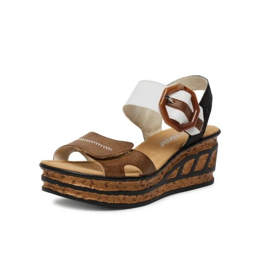 Beżowe Sandały Rieker Stylowe Obuwie Damskie Na Koturnie