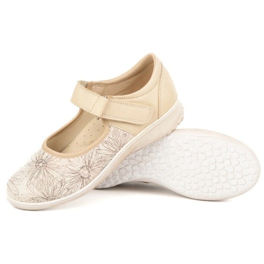 But-Bal Damskie skórzane półbuty na rzep z kwiatowym wzorem 696BB beżowe