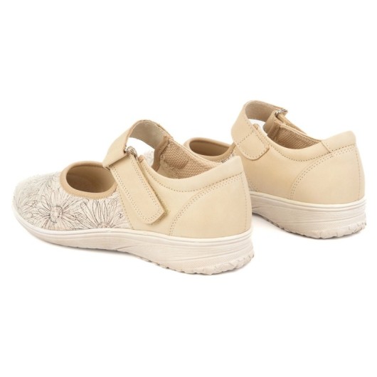 But-Bal Damskie skórzane półbuty na rzep z kwiatowym wzorem 696BB beżowe