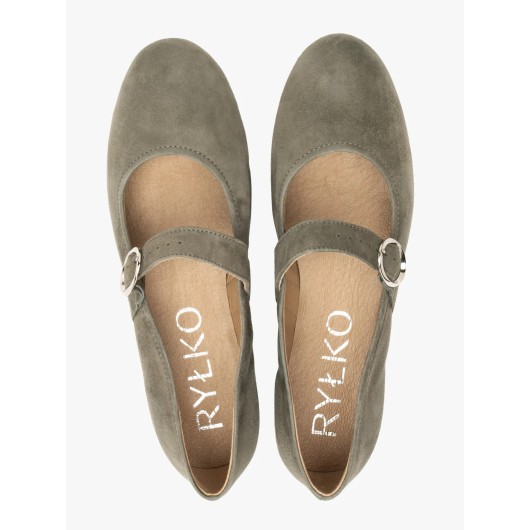Oliwkowe baleriny ze srebrną klamrą Ryłko