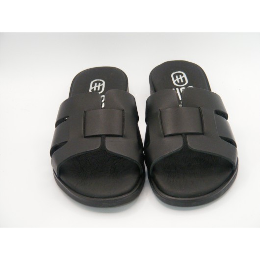 Damskie klapki czarne skórzane Hee25320