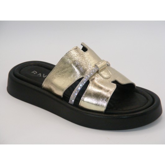 Klapki damskie skórzane Ravini na platformie złote