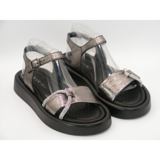 Damskie sandały Ravini ciemne srebro – skórzane na platformie, eleganckie i wygodne