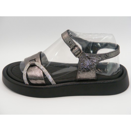 Damskie sandały Ravini ciemne srebro – skórzane na platformie, eleganckie i wygodne