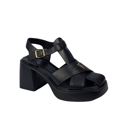 Ravini – Czarne sandały skórzane na grubym klocku i obcasie