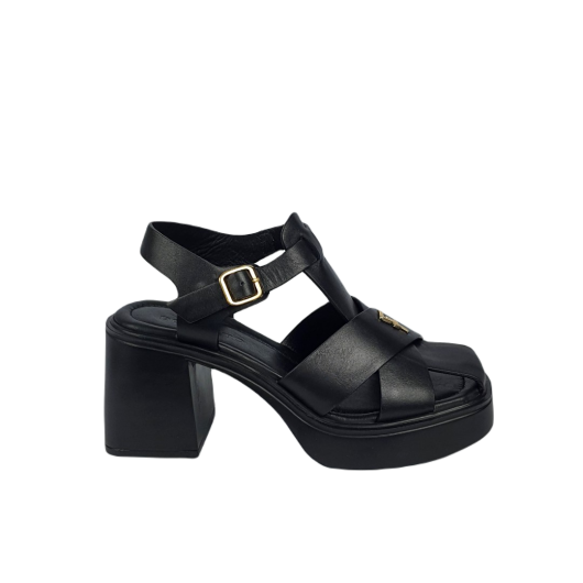 Ravini – Czarne sandały skórzane na grubym klocku i obcasie