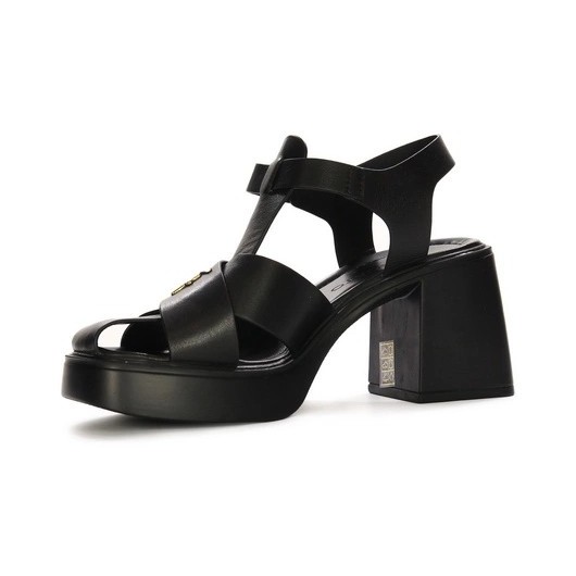 Ravini – Czarne sandały skórzane na grubym klocku i obcasie