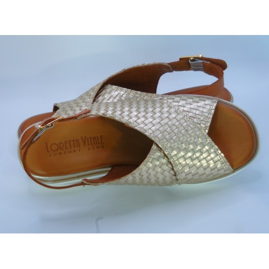 Sandały damskie skórzane złote Loretta Vitale na niskim koturnie