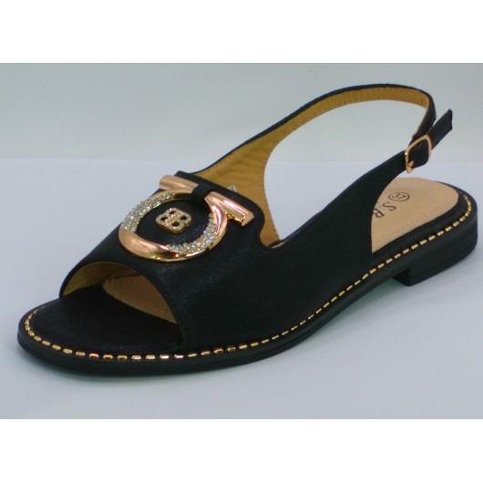 Sandałki damskie skórzane S-Barski – czarne ze złotą ozdobą