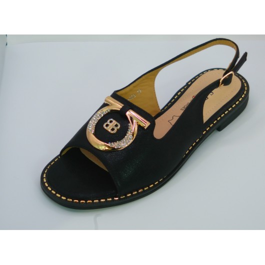 Sandałki damskie skórzane S-Barski – czarne ze złotą ozdobą