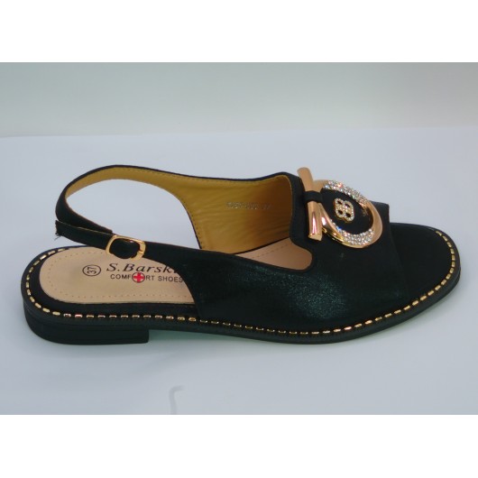 Sandałki damskie skórzane S-Barski – czarne ze złotą ozdobą