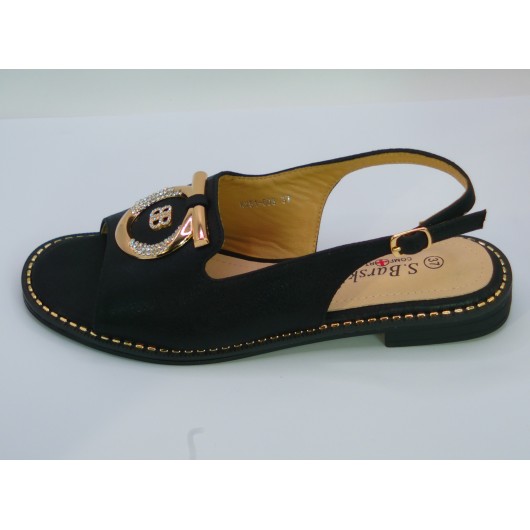 Sandałki damskie skórzane S-Barski – czarne ze złotą ozdobą