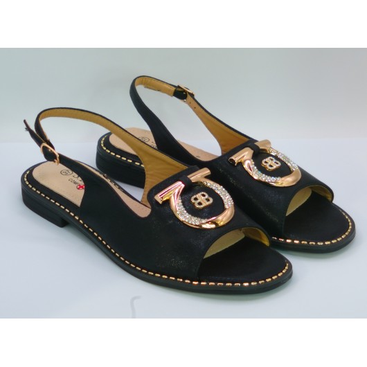 Sandałki damskie skórzane S-Barski – czarne ze złotą ozdobą