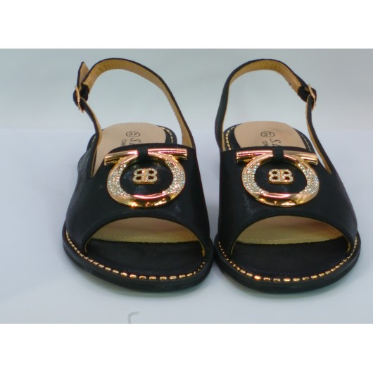 Sandałki damskie skórzane S-Barski – czarne ze złotą ozdobą