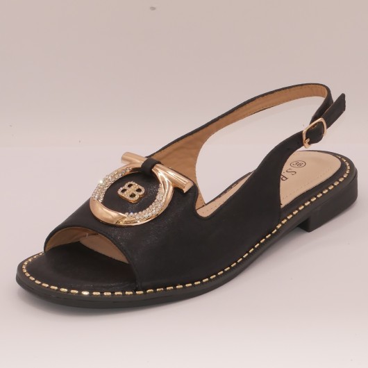 Sandałki damskie skórzane S-Barski – czarne ze złotą ozdobą