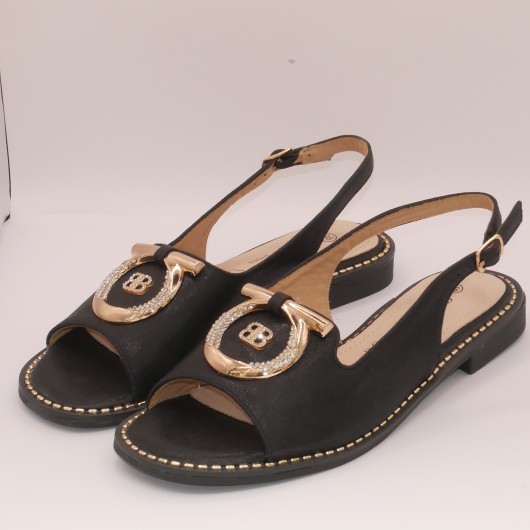 Sandałki damskie skórzane S-Barski – czarne ze złotą ozdobą