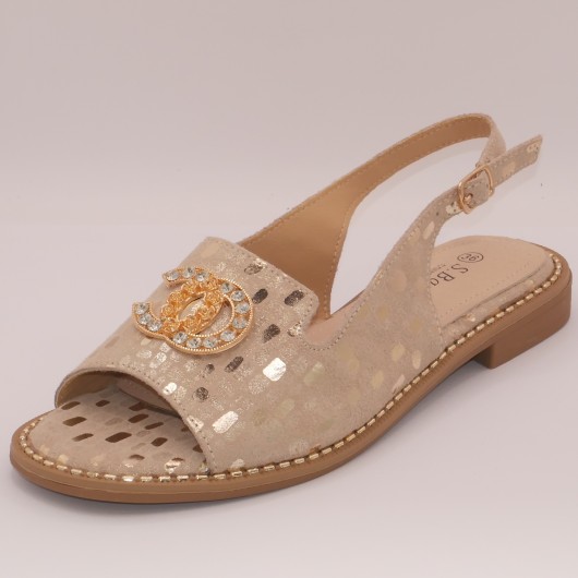 Złote sandałki damskie skórzane S-BARSKI z ozdobą – eleganckie i wygodne