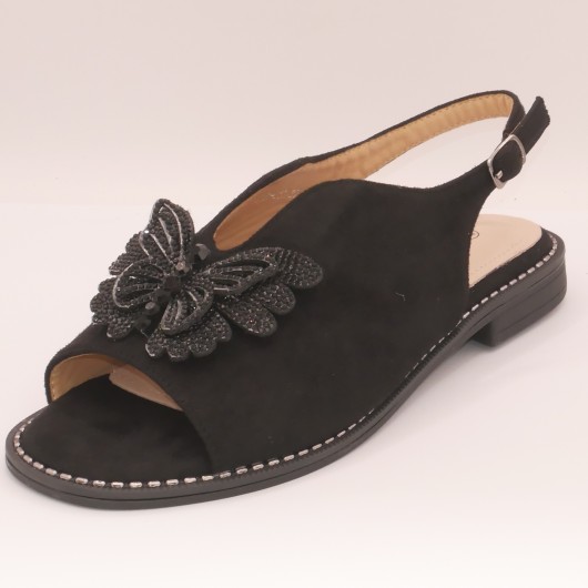 Czarne sandałki damskie S-BARSKI z ozdobą motyla – kobiece, wygodne, na niskim obcasie