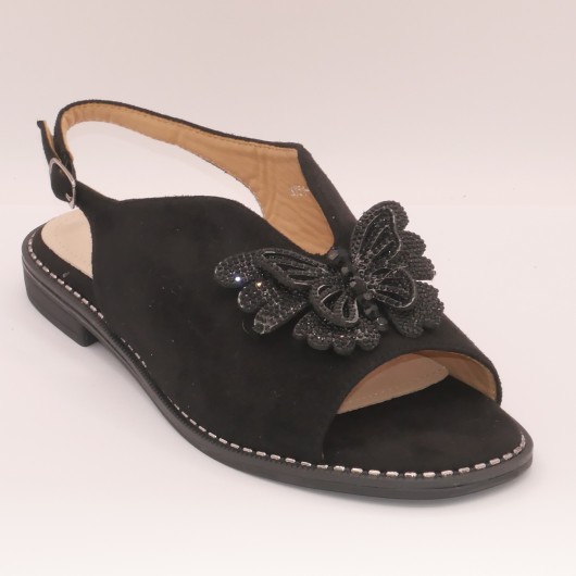 Czarne sandałki damskie S-BARSKI z ozdobą motyla – kobiece, wygodne, na niskim obcasie