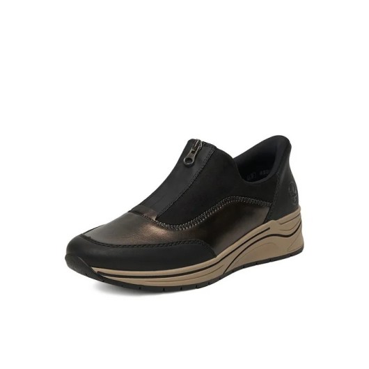 Rieker N9553-25 – czarne półbuty damskie z metalicznym wykończeniem i zamkiem